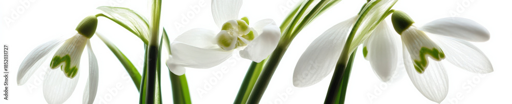 Fototapeta premium Snowdrop flowers backlit close up on white background banner