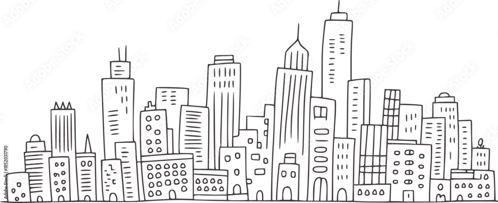 Fototapeta premium Hand drawn black and white city skyline outline buildings