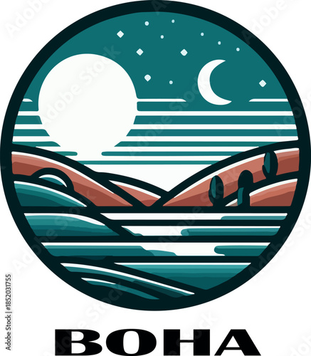 Moon over the Sea Vector Illustration with Waves and Boat