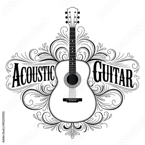 An elegant acoustic guitar design with ornate floral and text elements