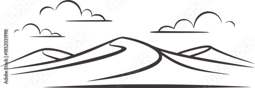 Minimalist black and white line of winding road through mountains with clouds