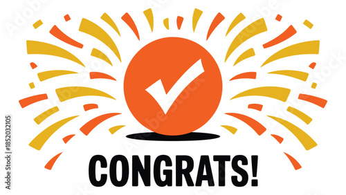 Congrats celebration icon with check mark symbol and fireworks burst representing success achievement approval and positive feedback isolated on white background