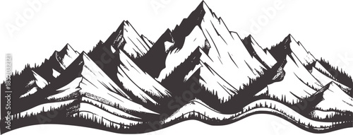 Snow capped mountain range cross section with layered terrain