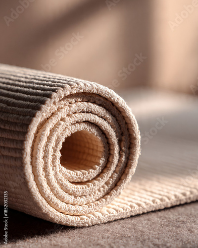 Close up of a rolled beige yoga mat with textured surface in warm natural lighting, wellness and fitness