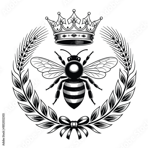 A regal bee with a crown surrounded by wheat and laurel leaves