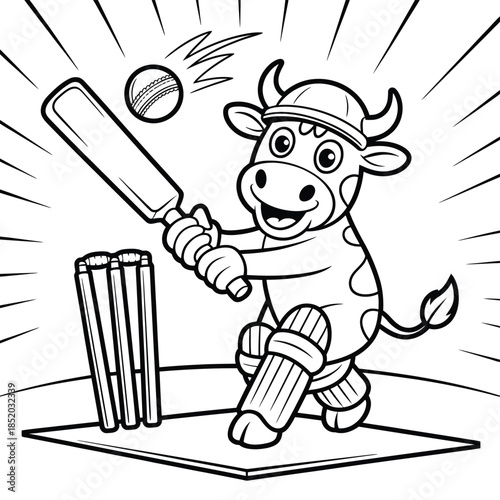 A cartoon cow playfully hitting a cricket ball with a bat