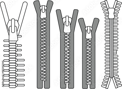 Assortment of Gray Zippers in Open and Closed Positions on White Background fastener closure