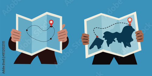 Illustration of two people holding paper maps showing travel routes and destination pins, concept of navigation and journey planning