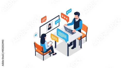 Remote team collaborating online with video call and chat