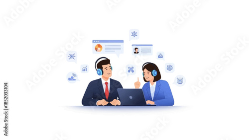 Business team collaborating with laptops and headsets in modern office