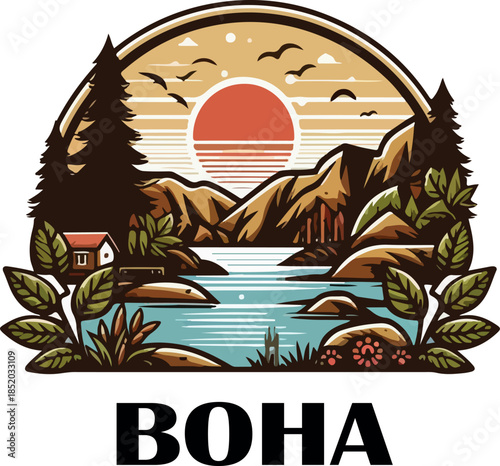 A vintage farm fresh label with a simple vector illustration of a sunny farm surrounded by nature and trees