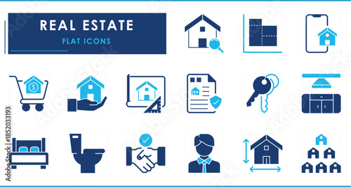 A set of flat icons related to Real Estate. House, blueprint, construct, agent, sell, agreement, legal, resident, furniture, and so on.