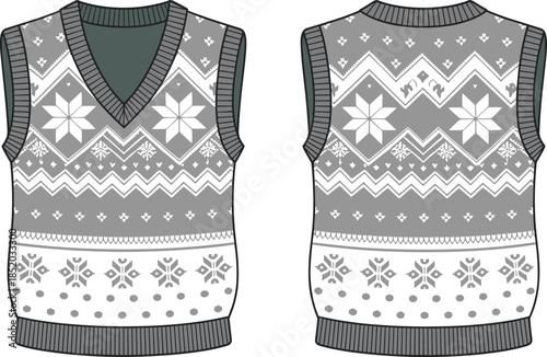 Grey knitted sleeveless sweater vest with snowflake and zigzag pattern front and back knitwear