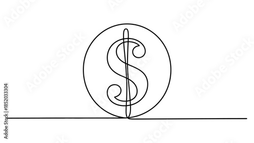 Minimal line art dollar symbol inside circle representing finance money investment and business concept isolated on white background
