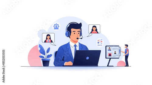 Businessman in blue suit working at laptop with headset on