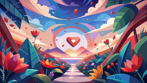 Whimsical pathway to a heart-shaped sunrise