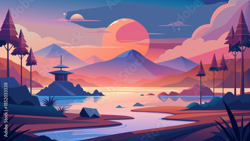 Serene sunset over mountain lake