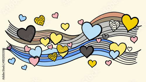 Colorful hearts on musical notes