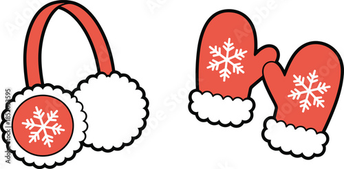 Red winter earmuffs and mittens with snowflake designs Keywords: earmuffs, mittens, winter accessories, cold weather, snow