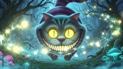 The Cheshire Cats Eerie Grin in a Mystical Forest at Night.