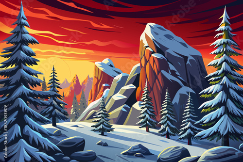 snowfall blankets pine trees in a quiet forest, creating a pristine winter scene with soft textures, muted contrast, and peaceful natural stillness, golden sunset time