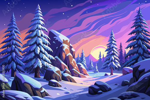 snowfall blankets pine trees in a quiet forest, creating a pristine winter scene with soft textures, muted contrast, and peaceful natural stillness