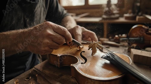 Skilled Craftsman Making Violin in Workshop.