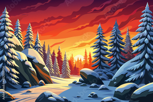 snowfall blankets pine trees in a quiet forest, creating a pristine winter scene with soft textures, muted contrast, and peaceful natural stillness, golden sunset time