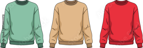 Three colorful crewneck sweatshirts displayed side by side on a white background Keywords: sweatshirts, crewneck, long sleeve