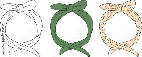 Three headbands with bows in different styles and patterns Keywords: headbands, hair accessories, bows, knotted, tied, fabric