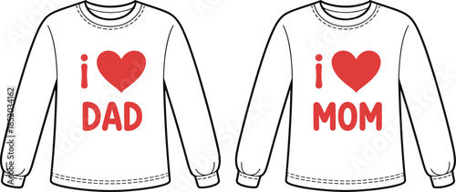 Two long-sleeved t-shirts with " I love Dad" and " I love Mom" text and red hearts long sleeve clothing