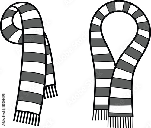 Two Striped Scarves In Black And White On White Background scarf neckwear