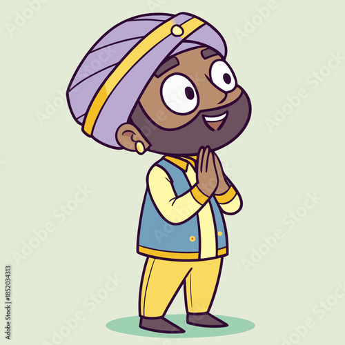 A cute cartoon illustration of a cheerful bearded man in traditional Indian attire wearing a purple turban with yellow band, yellow kurta and pants, blue vest, and gold earring smiling widely.
