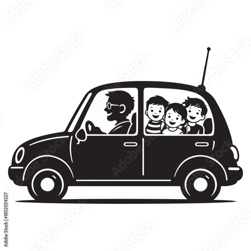 Happy family car ride with smiling children and caring father
