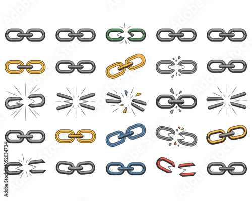 Collection of broken and intact chain links in various colors broken chain connection