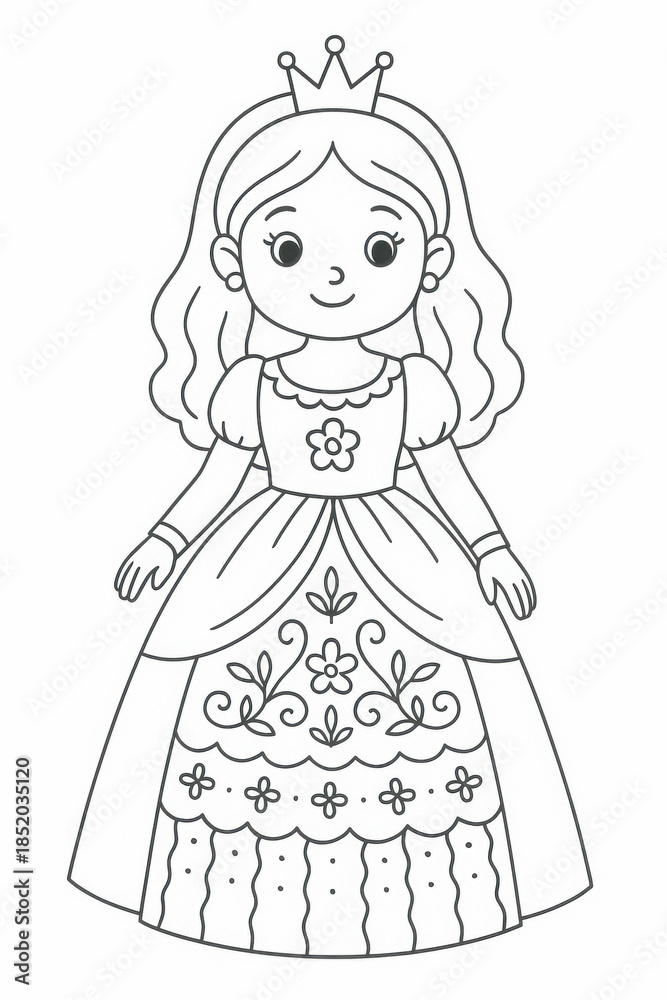 Fototapeta premium Children’s princess coloring page featuring a lovely princess with a crown, long dress and decorative patterns. Thin black line art with simple clear contours and many inner details for coloring.