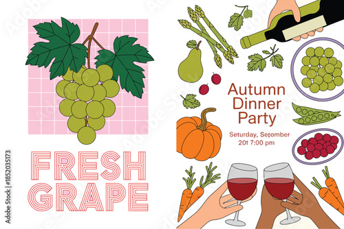 Vibrant autumn harvest bounty with fresh grapes, wine, and seasonal vegetables for a celebratory dinner party