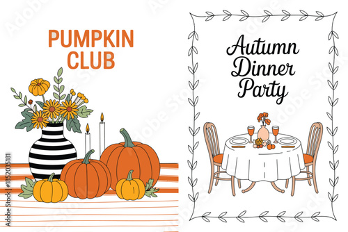 Cozy autumn celebration with pumpkins, flowers, and a festive dinner party setting