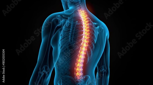 Spine Human Anatomy X-ray Style 3D Medical Illustration. Human spine vertebrae, highlighting spinal pain and spine disorders, including arthritis and osteochondrosis