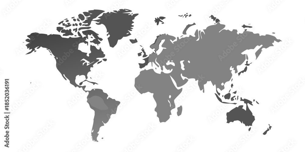 Naklejka premium A grayscale world map illustration showing continents and oceans in silhouette