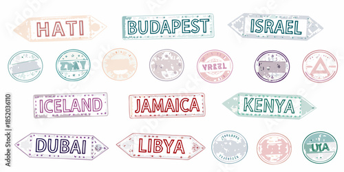 Collection of vintage travel stamps featuring diverse international destinations