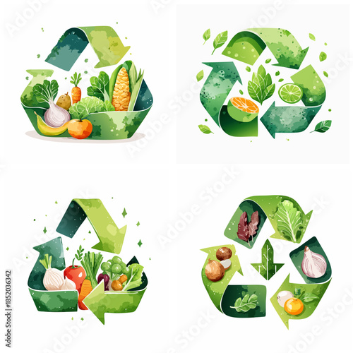 Recycling symbol composed of fresh vegetables and fruits in watercolor style illustration promoting sustainable living and healthy eating