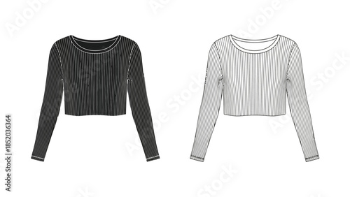 Two long sleeved crop tops with striped and sheer designs are displayed