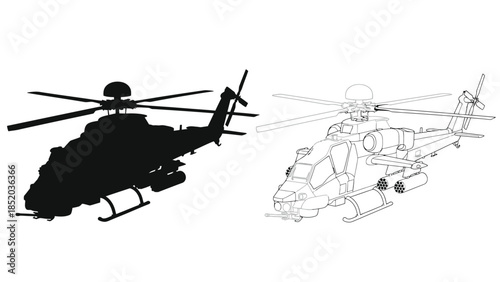 Detailed illustrations of military helicopters in black and white outlines