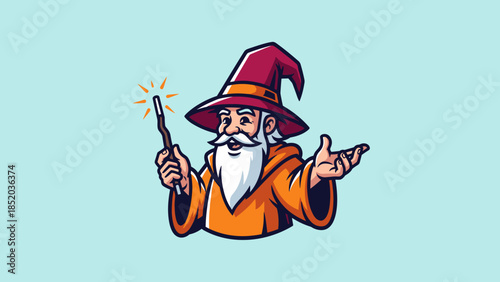 Cartoon Wizard Casting Spell with Wand and Pointing Hand.
