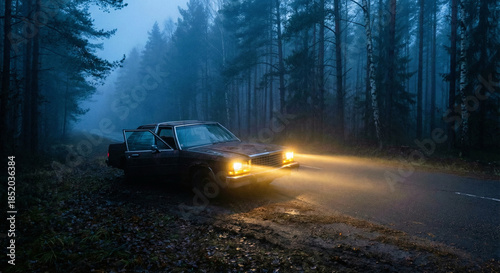 Foto Rusty Car Illuminating Dark Foggy Forest Road at Night