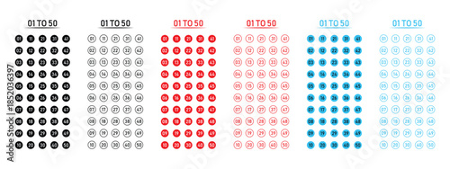 1 to 50 Colorful Number Icon Set - Round Bullet Points and Circular Map Markers for UI Design.
