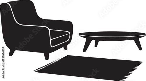  Vector Mid century modern style armchair coffee table and rug silhouette Illustration