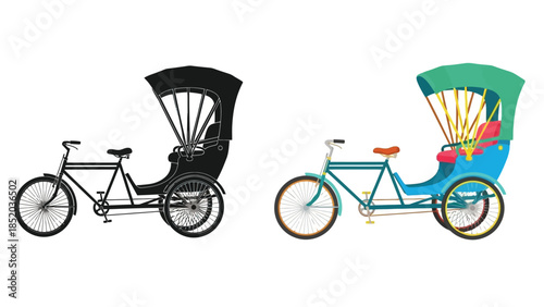 Two cycle rickshaws one in color and one in monochrome are displayed