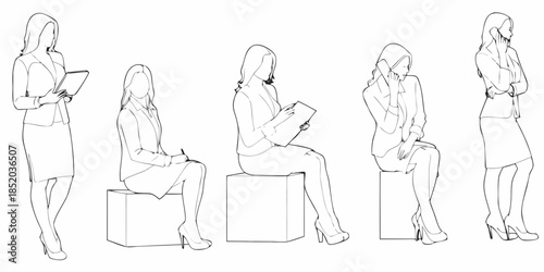 Line art illustrations of professional women in various business poses and outfits
